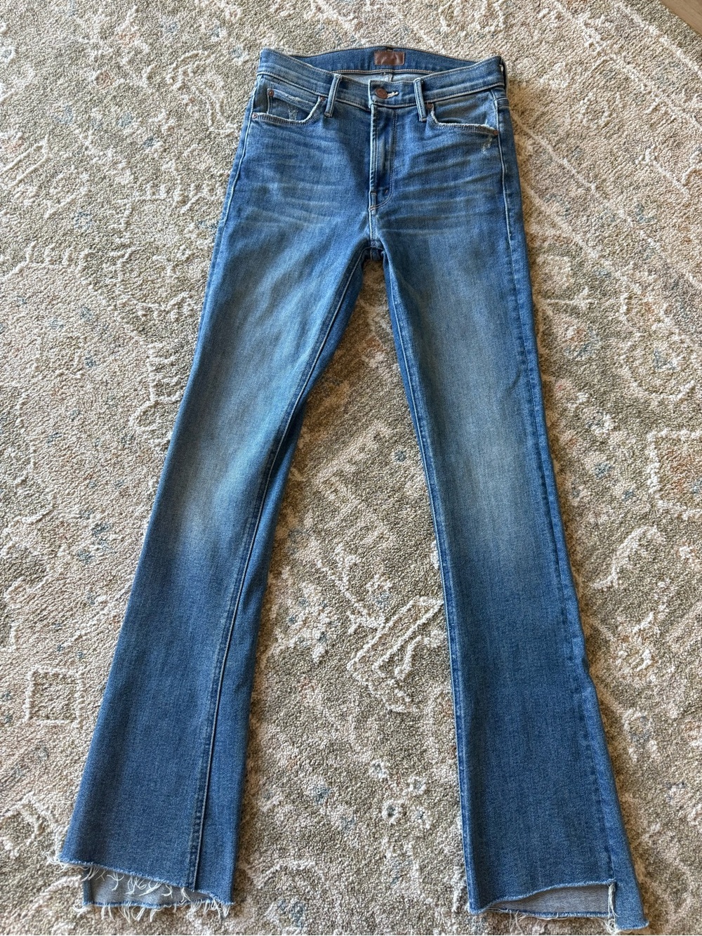 MOTHER the runway step fray in leaps and bounds Distressed Mid-Blue Flare Jeans